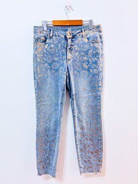 Melanie Lyne Blue Gold Paisley Metallic Statement Jeans Raw Hem | Size 12